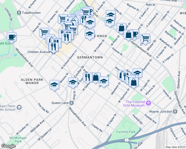 map of restaurants, bars, coffee shops, grocery stores, and more near 5323 Newhall Street in Philadelphia