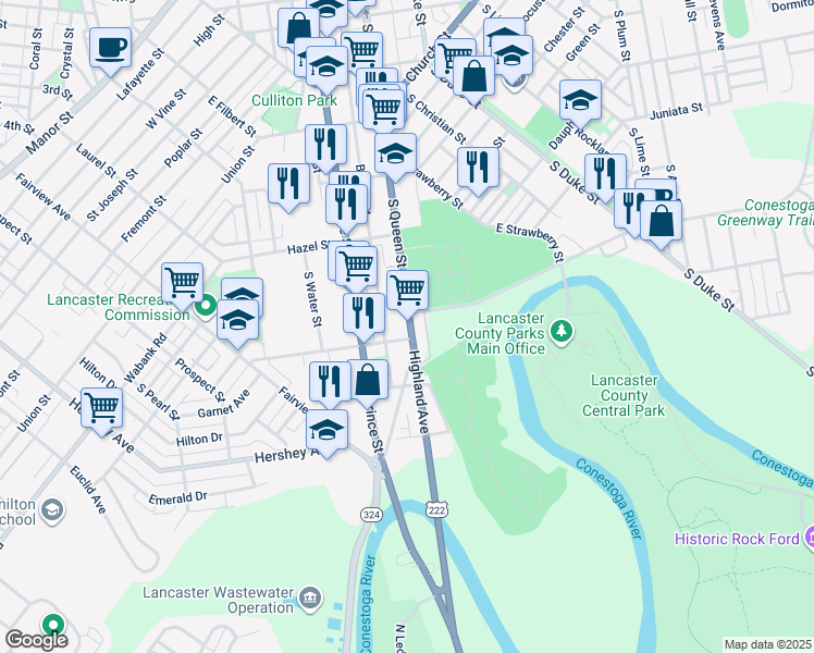 map of restaurants, bars, coffee shops, grocery stores, and more near 638 South Queen Street in Lancaster