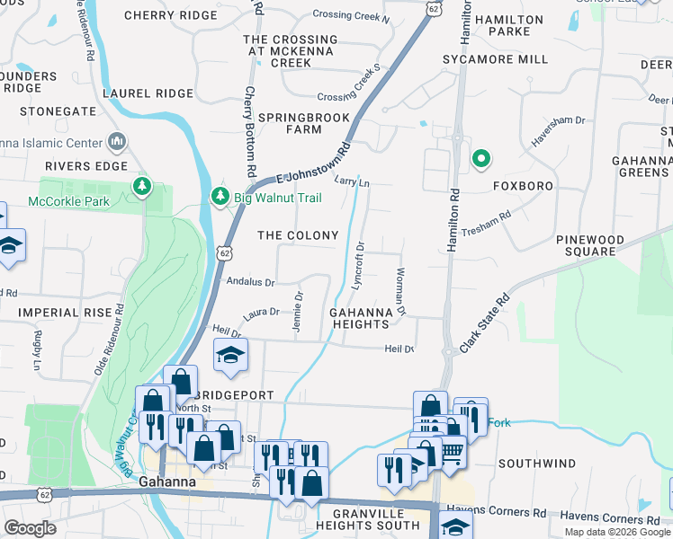 map of restaurants, bars, coffee shops, grocery stores, and more near 243 Colony Court in Columbus