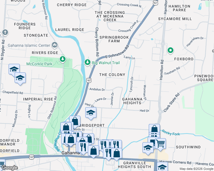 map of restaurants, bars, coffee shops, grocery stores, and more near 205 Colony Court in Columbus