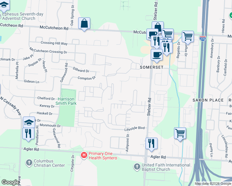 map of restaurants, bars, coffee shops, grocery stores, and more near 3764 Sunrise Lake Circle in Columbus