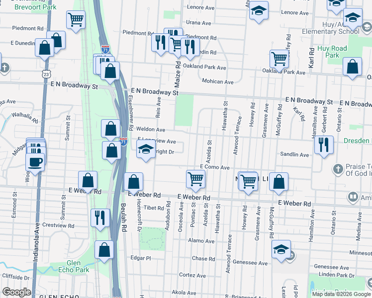 map of restaurants, bars, coffee shops, grocery stores, and more near 3052 Audubon Road in Columbus