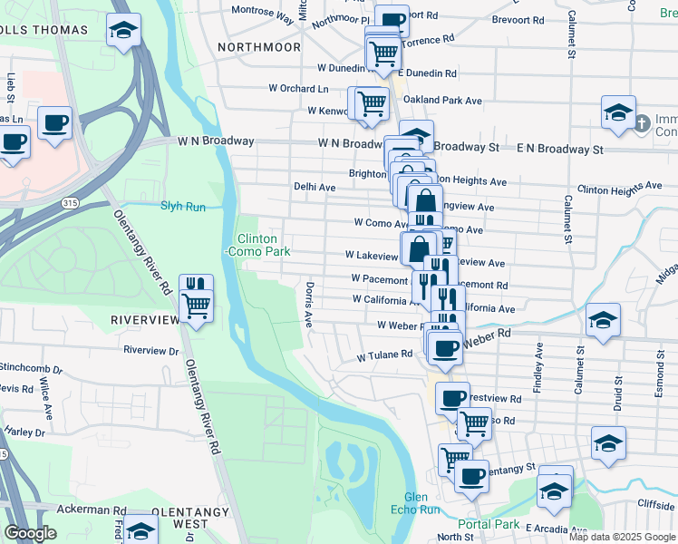 map of restaurants, bars, coffee shops, grocery stores, and more near 149 West Lakeview Avenue in Columbus