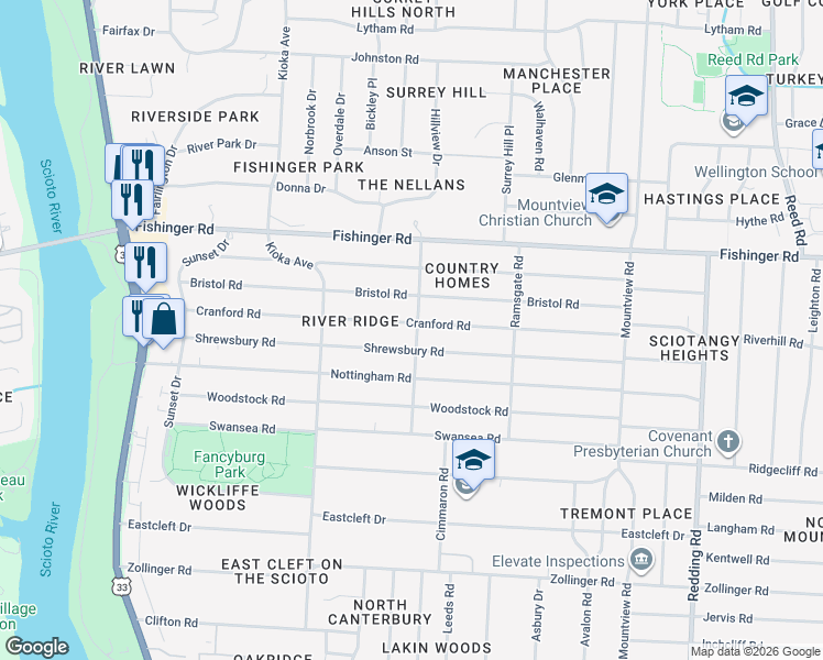 map of restaurants, bars, coffee shops, grocery stores, and more near 2454 Cranford Road in Columbus