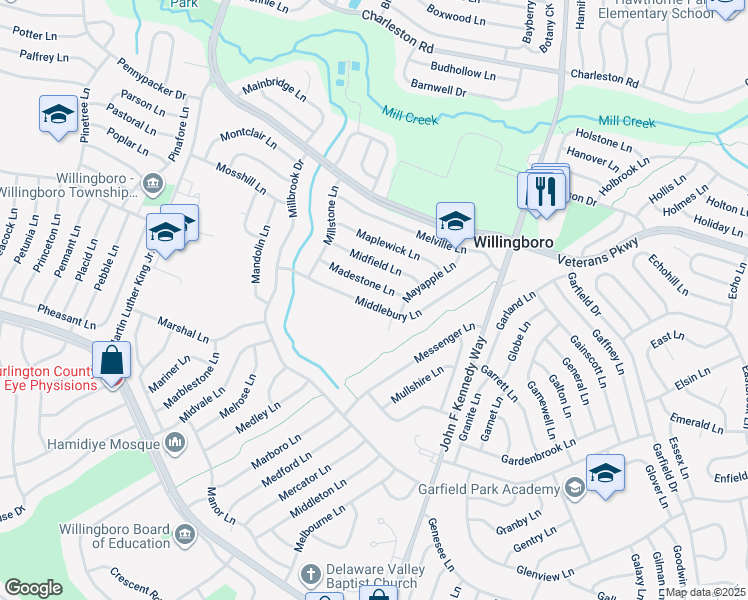 map of restaurants, bars, coffee shops, grocery stores, and more near 59 Middlebury Lane in Willingboro