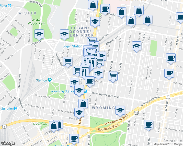 map of restaurants, bars, coffee shops, grocery stores, and more near 4832 Old York Road in Philadelphia