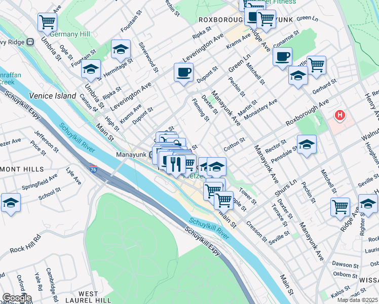 map of restaurants, bars, coffee shops, grocery stores, and more near 173 Levering Street in Philadelphia