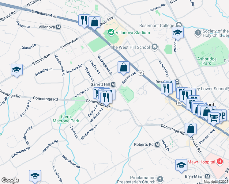 map of restaurants, bars, coffee shops, grocery stores, and more near 108 Garrett Avenue in Bryn Mawr