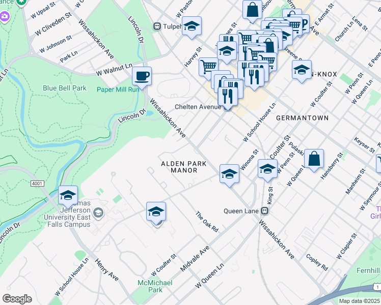 map of restaurants, bars, coffee shops, grocery stores, and more near 5500 Wissahickon Avenue in Philadelphia