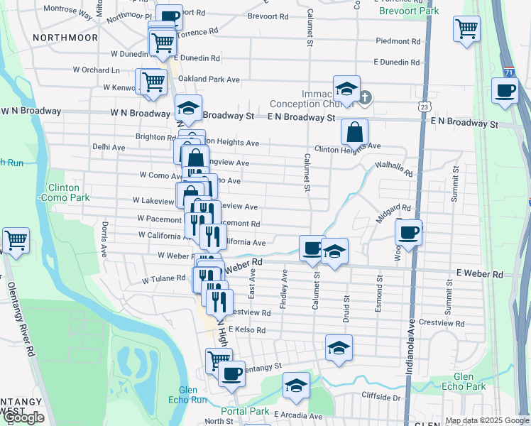 map of restaurants, bars, coffee shops, grocery stores, and more near 164 East Lakeview Avenue in Columbus