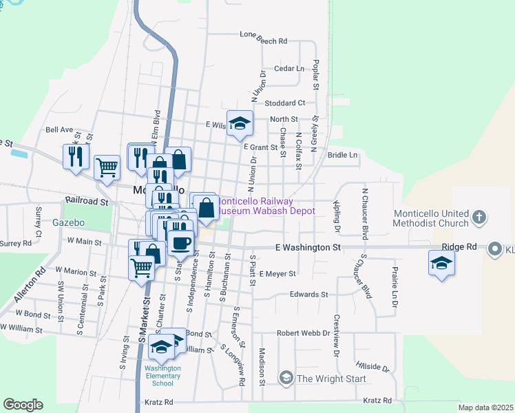 map of restaurants, bars, coffee shops, grocery stores, and more near 604 East Center Street in Monticello