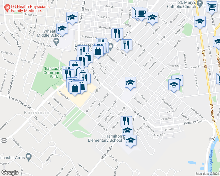 map of restaurants, bars, coffee shops, grocery stores, and more near 141 Hershey Avenue in Lancaster