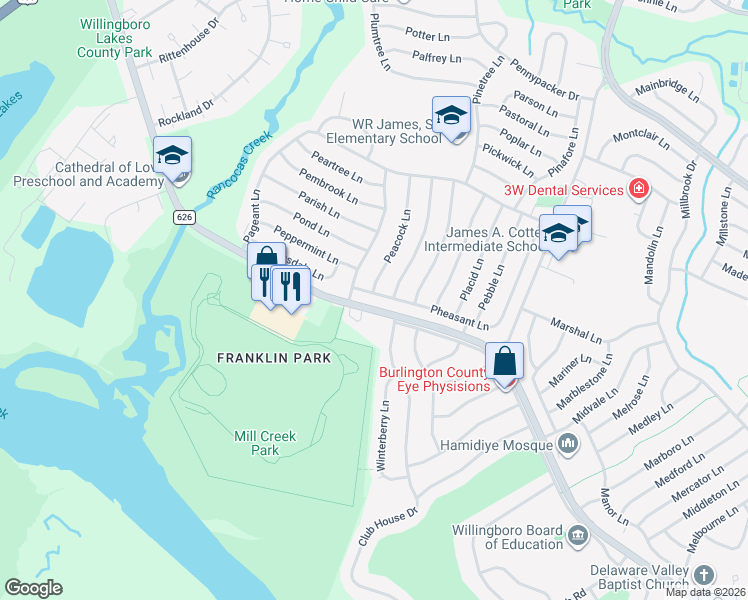 map of restaurants, bars, coffee shops, grocery stores, and more near 12 Pheasant Lane in Willingboro