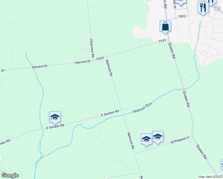 map of restaurants, bars, coffee shops, grocery stores, and more near 1 Belmont Road in Gordonville