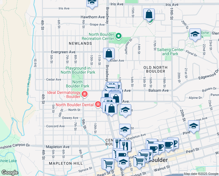 map of restaurants, bars, coffee shops, grocery stores, and more near 1201 Balsam Avenue in Boulder