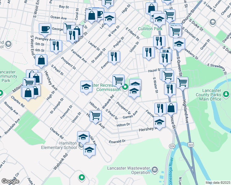 map of restaurants, bars, coffee shops, grocery stores, and more near 839 Wabank Road in Lancaster