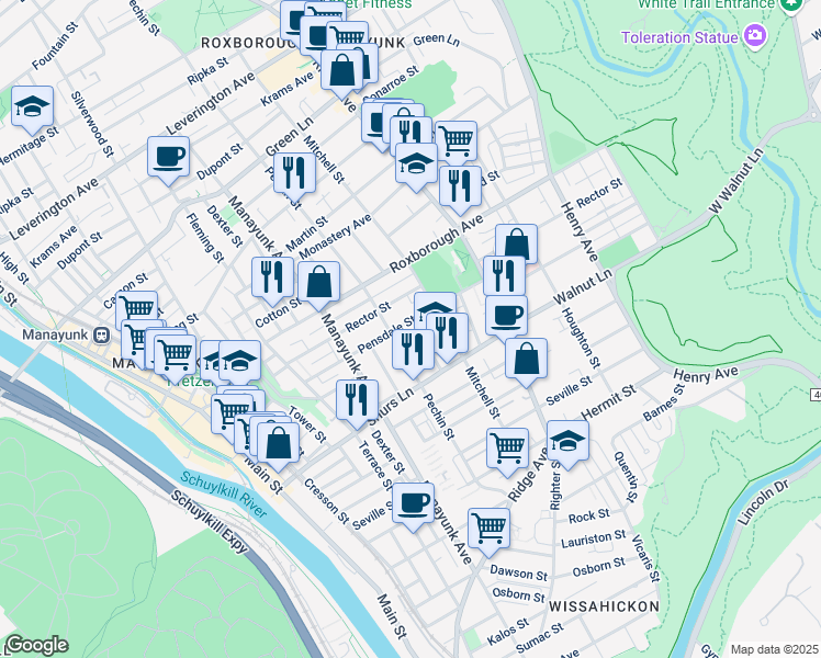 map of restaurants, bars, coffee shops, grocery stores, and more near 4150 Freeland Avenue in Philadelphia