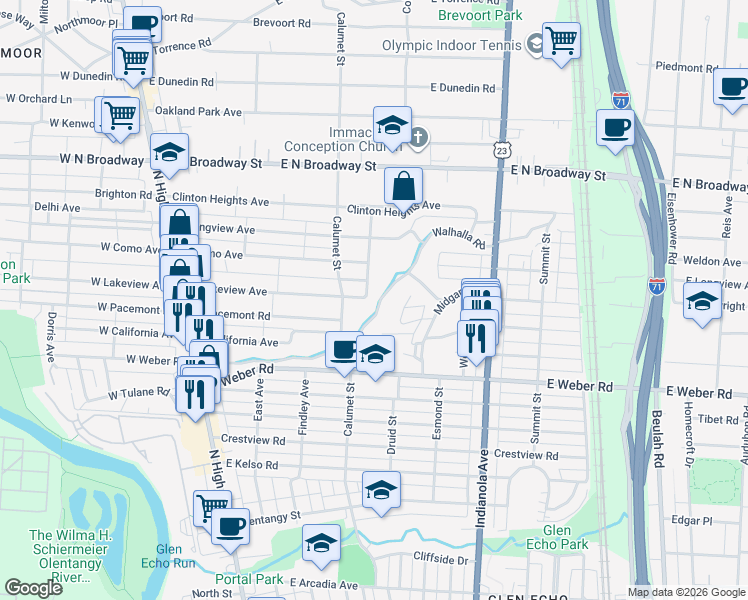 map of restaurants, bars, coffee shops, grocery stores, and more near 3159 Morningside Drive in Columbus