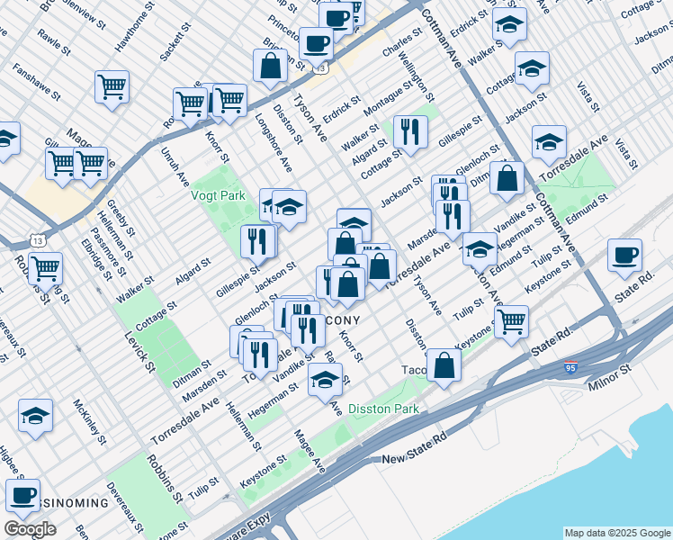 map of restaurants, bars, coffee shops, grocery stores, and more near 6824 Glenloch Street in Philadelphia