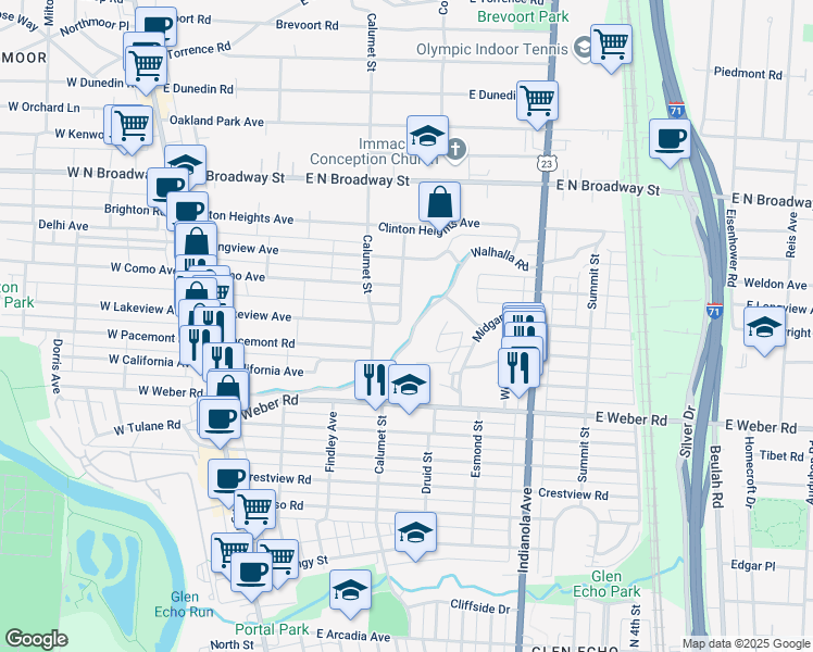 map of restaurants, bars, coffee shops, grocery stores, and more near 3159 Morningside Drive in Columbus