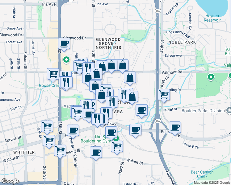 map of restaurants, bars, coffee shops, grocery stores, and more near 3303 Bluff Street in Boulder