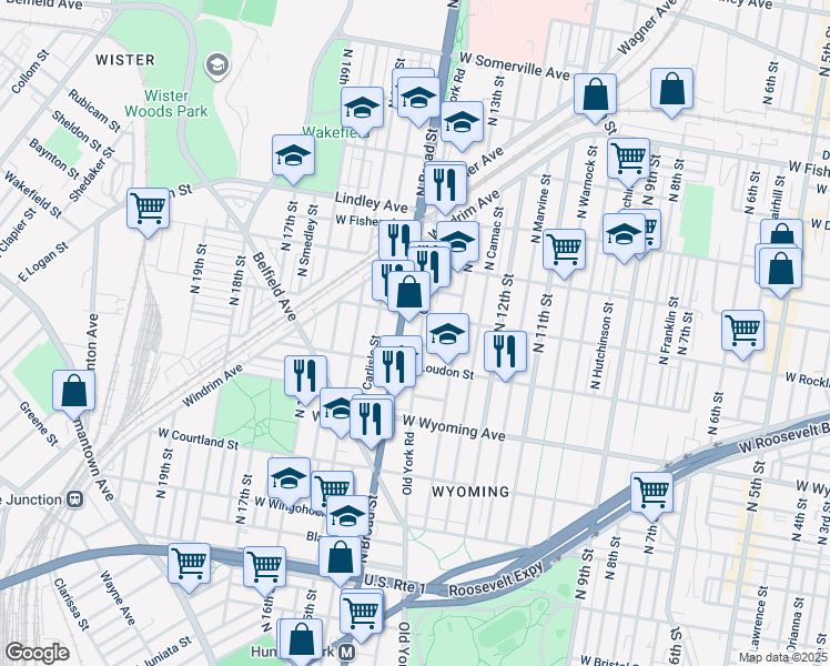 map of restaurants, bars, coffee shops, grocery stores, and more near 4832 Old York Road in Philadelphia