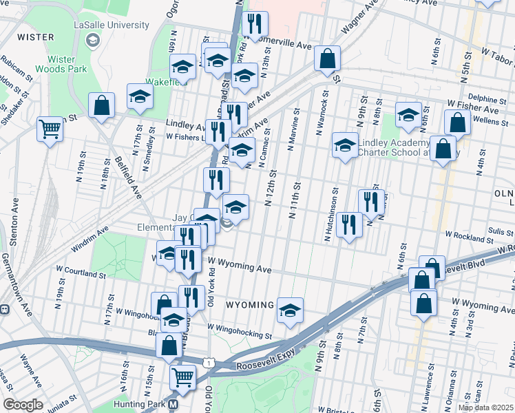 map of restaurants, bars, coffee shops, grocery stores, and more near 1212 West Rockland Street in Philadelphia