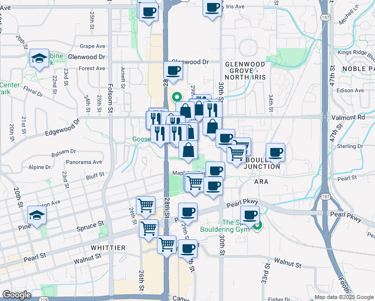 map of restaurants, bars, coffee shops, grocery stores, and more near 2801-2899 Bluff Street in Boulder