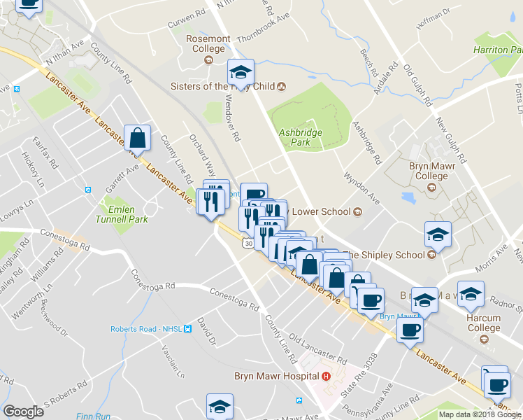 map of restaurants, bars, coffee shops, grocery stores, and more near 16 Rosemont Avenue in Bryn Mawr