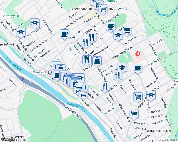 map of restaurants, bars, coffee shops, grocery stores, and more near 226 Roxborough Avenue in Philadelphia