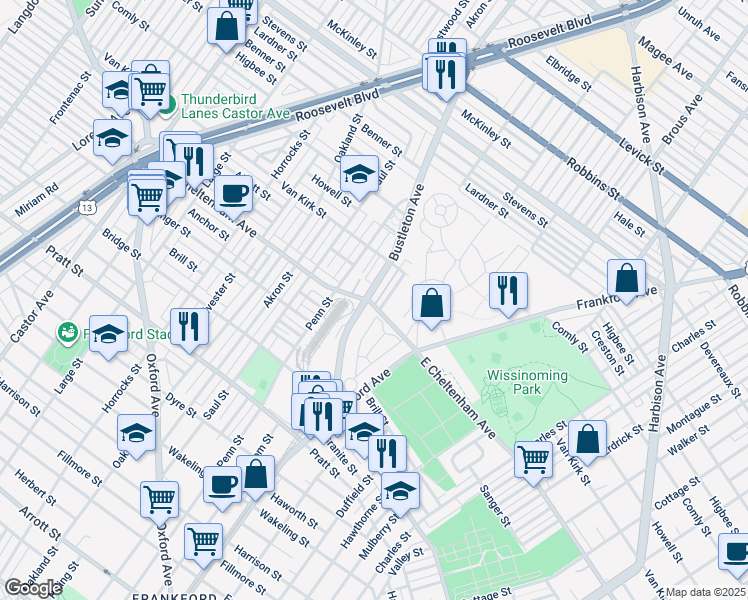 map of restaurants, bars, coffee shops, grocery stores, and more near 5801 Bustleton Avenue in Philadelphia