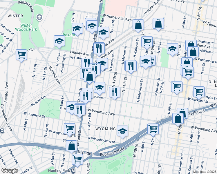 map of restaurants, bars, coffee shops, grocery stores, and more near 1212 West Rockland Street in Philadelphia