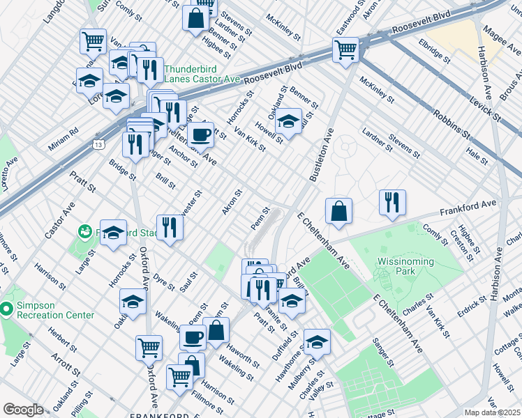 map of restaurants, bars, coffee shops, grocery stores, and more near 5425 Saul Street in Philadelphia