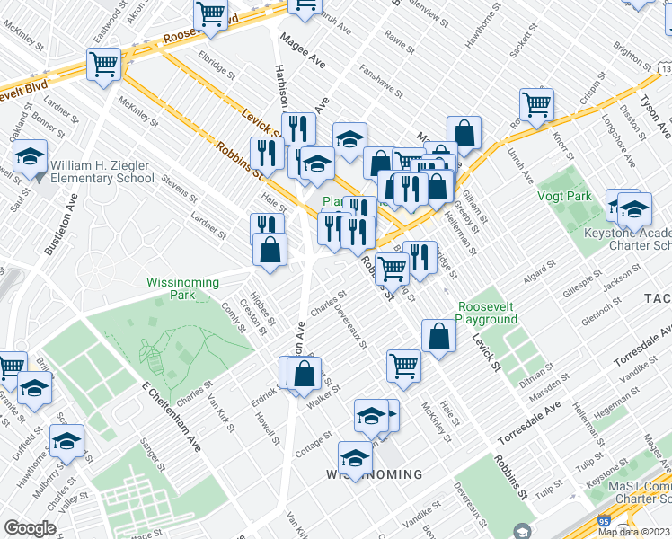 map of restaurants, bars, coffee shops, grocery stores, and more near 6230 Mulberry Street in Philadelphia