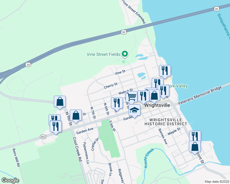 map of restaurants, bars, coffee shops, grocery stores, and more near 418 Walnut Street in Wrightsville