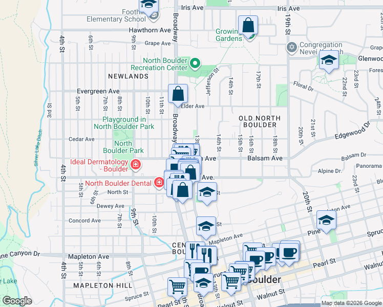 map of restaurants, bars, coffee shops, grocery stores, and more near 1241 Balsam Avenue in Boulder