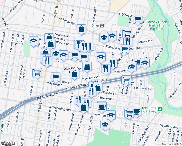 map of restaurants, bars, coffee shops, grocery stores, and more near 149 West Ruscomb Street in Philadelphia