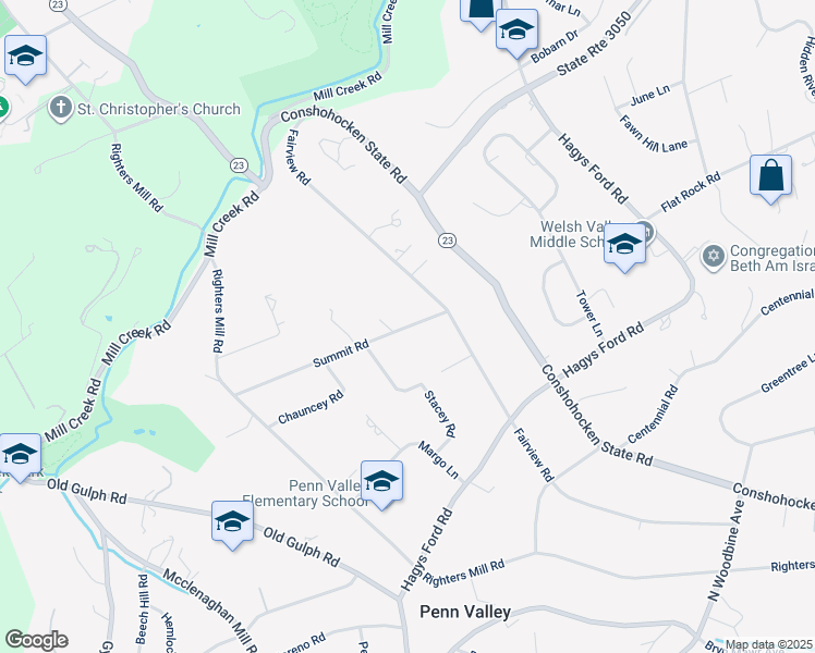 map of restaurants, bars, coffee shops, grocery stores, and more near 942 Summit Road in Narberth