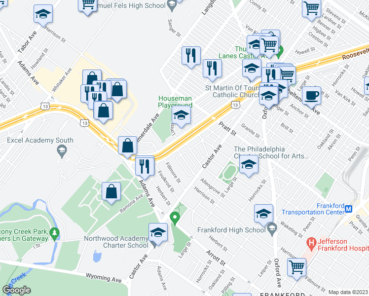 map of restaurants, bars, coffee shops, grocery stores, and more near 4911 East Roosevelt Boulevard in Philadelphia