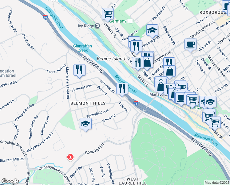 map of restaurants, bars, coffee shops, grocery stores, and more near 25 Jefferson Street in Bala Cynwyd