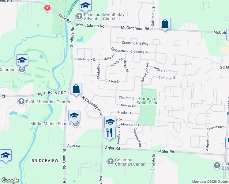 map of restaurants, bars, coffee shops, grocery stores, and more near 3130 Elmreeb Drive in Columbus