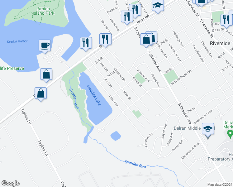 map of restaurants, bars, coffee shops, grocery stores, and more near 732 Burlington Street in Delran