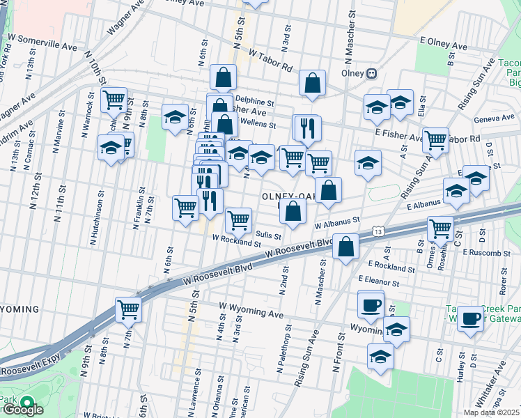 map of restaurants, bars, coffee shops, grocery stores, and more near 244 West Ashdale Street in Philadelphia