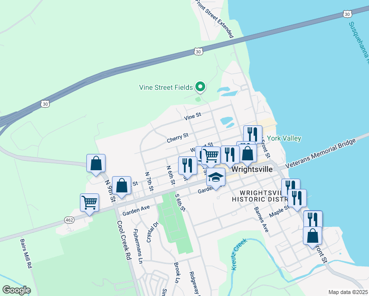 map of restaurants, bars, coffee shops, grocery stores, and more near 418 Walnut Street in Wrightsville