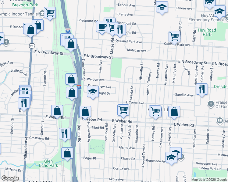 map of restaurants, bars, coffee shops, grocery stores, and more near 3052 Audubon Road in Columbus