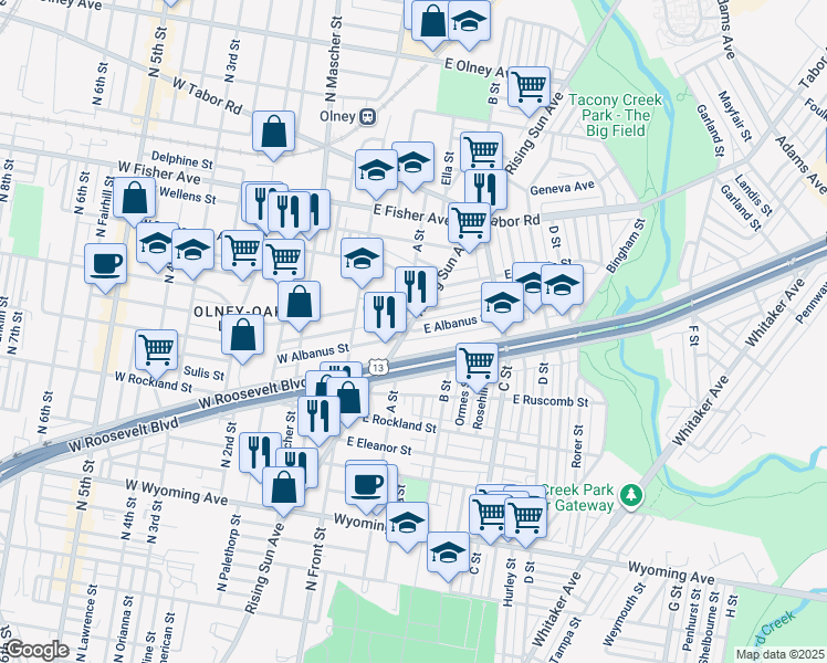 map of restaurants, bars, coffee shops, grocery stores, and more near 201 East Albanus Street in Philadelphia