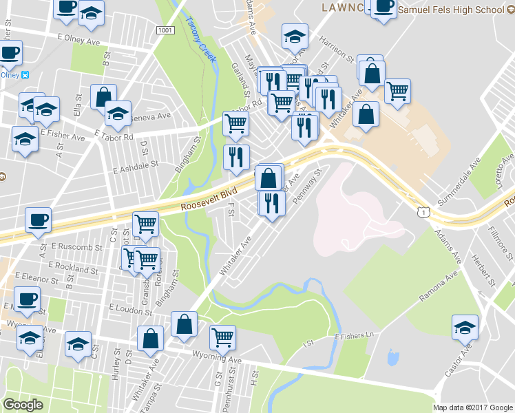 map of restaurants, bars, coffee shops, grocery stores, and more near 5117 Mebus Street in Philadelphia