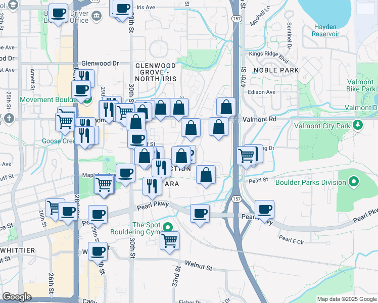 map of restaurants, bars, coffee shops, grocery stores, and more near 2885 Wilderness Place in Boulder