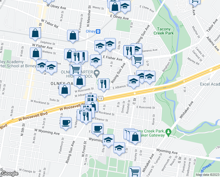 map of restaurants, bars, coffee shops, grocery stores, and more near 205 East Albanus Street in Philadelphia