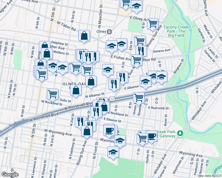 map of restaurants, bars, coffee shops, grocery stores, and more near 122 East Ruscomb Street in Philadelphia